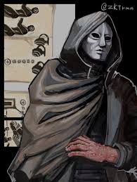 zokukotsu ramen, isayah (fear & hunger), fear & hunger, fear &  hunger (series), fear & hunger 1, highres, 1boy, black background,  brown cloak, cloak, colored skin, hood, hood up, hooded cloak, male