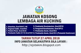25 jawatan kosong kerja spa permohonan terbuka jpa, jpn, kkm, jpj, imigresen, kpdnhep, aadk, penjara. Jawatan Kosong Lembaga Air Kuching 27 April 2018