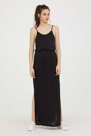 Black Long Sleeveless Jersey Dress With Narrow Shoulder Straps Elasticized Seam At Waist Unlined Fashion Sun Dress Casual Womens Dresses