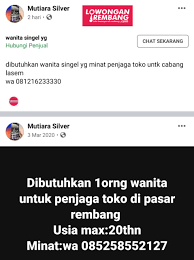 Ada perusahaan yang sedang membuka kesempatan lowongan kerja lowongan kerja toko, karyawan toko, staf sales, sales promotion representative dan banyak lagi . Lowongan Kerja Penjaga Toko Mutiara Silver Lasem Rembang Tanpa Syarat Pendidikan Lowongan Rembang