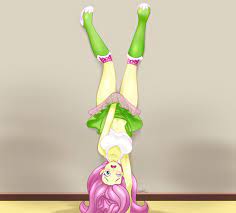 #2935882 - suggestive, artist:xtaroth, fluttershy, human, equestria girls,  belly button, blushing, boots, breasts, busty fluttershy, clothes,  covering, embarrassed, eyeshadow, female, handstand, high res,  lycorischallenge, makeup, midriff, shoes, simple ...