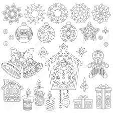 ornements de noel doodle coloriage avec collection decorations vacances pour 2018 happy new year carte voeux ou livre antistress adulte clip art libres droits vecteurs fleurs et papillons