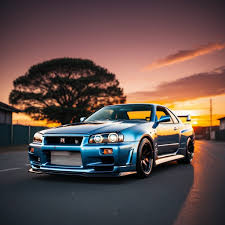 retro style imagine a Nissan Skyline R34 car, front...
