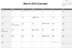 Dates of 2021 holidays in canada. March 2019 Calendar Canada With Moon Phases Holiday Calendar Printable Calendar Canada Calendar