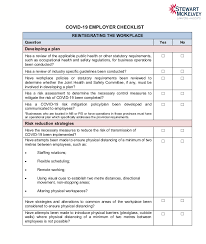 As employees reenter the workplace, what must employers consider when reopening their physical business locations? Covid 19 Faq Checklist Stewart Mckelvey