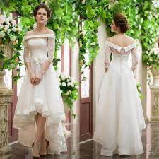 Fashion 3 4 Sleeve High Low Wedding Dresses Lace Ball Long Off Shoulder Spring Beach Gard Wedding Dresses High Low Hi Low Wedding Dress Ball Gown Wedding Dress