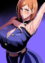 haikawa hemlen, kugisaki nobara, jujutsu kaisen, 1girl, angry, arched back,  arm up, armpits, belt, black background, blue shirt, blue skirt, blush,  breasts, brown eyes, brown hair, cleavage, clenched teeth, cowboy shot,  eyelashes,