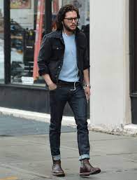 Slim fit jeans are without a doubt the most stylish type to be worn with chelsea boots. Kit Harington Wearing Black Denim Jacket Light Blue Crew Neck T Shirt Navy Jeans Dark Brown Leather Chelsea Boots Dark Jeans Outfit Blue Denim Shirt Jeans Outfit Men