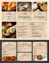 Das restaurant ist spezialisiert auf anjus, die koreanische form der tapas, die geteilt am besten schmecken. Korean Restaurant Menus 4 Custom Korean Restaurant Menu Designs