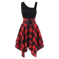 Women Mini Dress Fashion Sleeveless Shoulder Cross Lace Up Plaid Print Dresses Summer Casual Asymmetric Short Dress Vestido Casual Party Dresses Girly Outfits Casual Dress