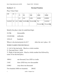 Section 4 1 Decimal Notation Place Value Chart Identify