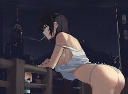 jaws (okdol0928), himeno (chainsaw man), chainsaw man, white lingerie,  absurdres, highres, 1girl, arm rest, ass, black hair, black nails, breasts,  can, cigarette, crop top, eyepatch, from side, green eyes, grey panties,  holding,