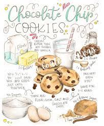 Chocolate Chip Cookies Illustrated Recipe Watercolor Recipe Cookie Print Kitchen Art Food Illustrations Recipe Drawing Recipe Book Design