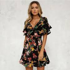 10 86 Only Boho Floral Print Beach Dress V Neck Butterfly Sleeve Mini Dresses For Women Free Shippin Mini Dress Short Sleeve Mini Dress Dresses Casual Boho