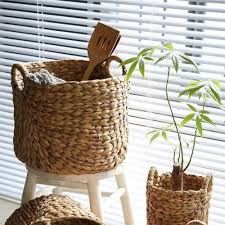 Set nests so bins can stack when not in use. Large Round Water Hyacinth Storage Baskets With Handles