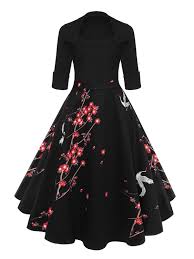 Chicloth Plum Crane Print Lapel Half Sleeve A Line Vintage Dress Vintage Swing Dress Retro Dress Swing Dress