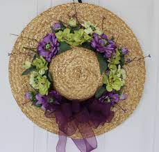 Hat Door Wreath Outdoor Door Wreath Door Hanging Summer Etsy Spring Wreath Outdoor Door Wreaths Spring Door Wreaths