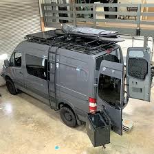 Sprinter Van Loaded With Aluminess Gear Roof Rack Ladder And Rear Bumper System Mercedes Sprinter Camper Sprinter Van Mercedes Van