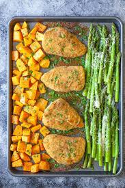 One Pan Baked Chicken With Butternut Squash And Parmesan Asparagus Sheet Pan Recipes Sheet Pan Dinners Recipes