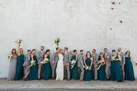 Wedding Party In Emerald Green And Grey Emerald Green Bridesmaid Dresses Emerald Green Weddings Forest Green Bridesmaid Dresses