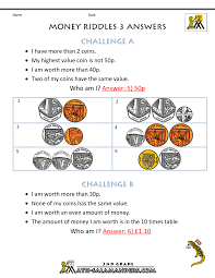 money worksheets for kids money riddles uk