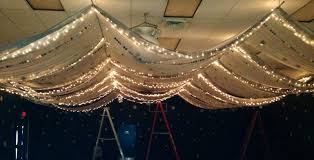 Lights Draped From Ceiling We Used 5 Wide White Gossamer From Shindigz Snowflake Garlands And Silver Disk Gossamer Decorating Ceiling Draping Rope Decor