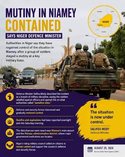 🇳🇪🚨 Mutiny in Niger's Capital Niamey Contained, Defence Minister Says  Authorities in Niger say they have regained control of the situation in  Niamey after a group of soldiers staged a mutiny at