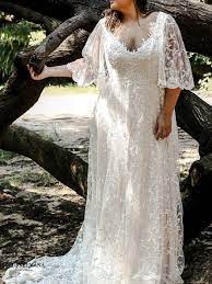 Gorgeous Bohemian Full Lace Plus Size Wedding Dress With Flutter Sleeves From Studio Plus Size Wedding Gowns Wedding Dresses Plus Size Bohemian Wedding Dresses