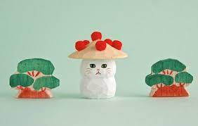 木彫り人形ねこ 花笠にゃん スコティッシュ 白 japanese crafts art toy wooden art