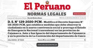 Solamente los habitantes de las regiones arequipa, ica, junín, huánuco, san martín, madre de dios y áncash no podrán salir este. D S N 129 2020 Pcm Modifica El Decreto Supremo N 116 2020 Pcm Que Establece Medidas Que Debe Observar La Ciudadania En La Nueva Convivencia Social Y Prorroga El Estado De Emergencia Nacional Cuarentena En