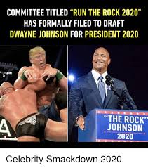 Run the rock 2020, the name of the official organization, was filed on behalf of johnson with the federal election commission (fec) on sunday, according to fec records. Committee Titled Run The Rock 2020 Has Formally Filed To Draft Dwayne Johnson For President 2020 The Rock Johnson 2020 Celebrity Smackdown 2020 Dwayne Johnson Meme On Me Me