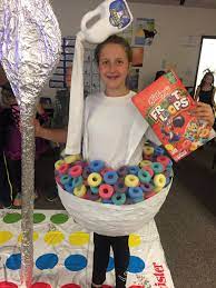Diy Fruit Loops Cereal Bowl Costume With Milk Jug Headpiece Paper Mache Bowl Made With G Halloween Costumes To Make Homemade Halloween Costumes Halloween Kids