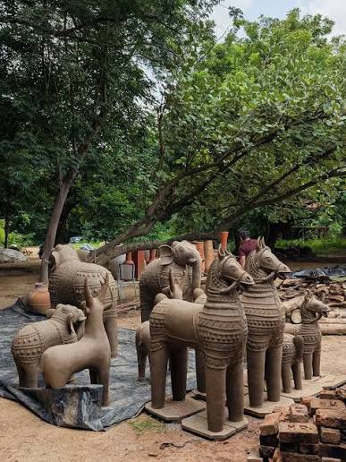 The Ayyanar terracotta tradition of Tamil Nadu is famous for its majestic horses and elephants — hand-built and offered at village shrines as guardians and symbols of protection. Each figure is shaped