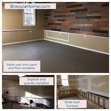 Custom Reclaimed Wood Wall In Garage With Granite Ledge And White Trim Frames On Wall Reclaimed Wood Wall Garage Remodel