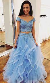 2018 Two Piece Off The Shoulder Blue Long Prom Dress Princess Blue Long Prom Dress Graduation Dr Piece Prom Dress Prom Dresses For Teens Light Blue Prom Dress