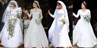 How Princess Eugenie S Wedding Dress Compares To Meghan Markle Kate Middleton And Princess Diana S Gowns Kate Hochzeitskleid Konigliche Hochzeitskleider Prinzessin Diana Hochzeit