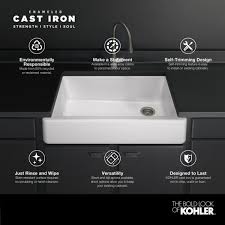 They come in a variety of materials such as copper, fireclay, stone and stainless steel. Kohler Whitehaven Smart Divide Self Trimming Farmhouse Apron Front Cast Iron 36 In Double Bowl Kitchen Sink In White K 6427 0 The Home Depot