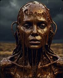 A slender alien-shaped figure with intricate impasto details stands against  a creepy, rusty hill landscape with oil dripping. The sharp focus and  studio lighting highlight the textures, creating a haunting and  thought-provoking