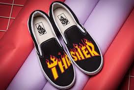 Black And White Checkered Vans With Red Flames Vans X Thrsher Flame Fire Black Slip On Skate Shoes Vans Black Slip On Sneakers Custom Vans Shoes Slip On Sneakers