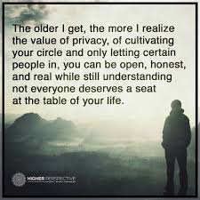 The Older I Get The More I Realize The Value Of Privacy Of Cultivating Your Circle Only Letting Certain Peop Wise Words Quotes Unique Quotes Notable Quotes