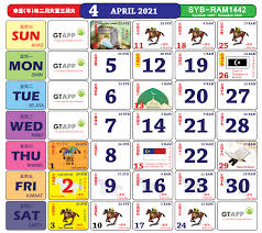Kalendar lumba kuda atau kalendar kuda adalah sebahagian dari identiti malaysia, sama seperti malaysia dan kalendar kuda berpisah tiada. Anda Boleh Mula Dapatkan Kalender Kuda Bagi Tahun 2021