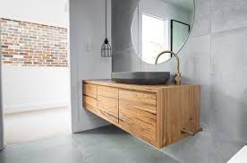 Black Bathroom Vanity With Timber Top Spotted Gum Solid Timber Wall Hung Vanity Top Mounted Matte Black Vessel With Offset Goosene Concrete Tiles Bathroom Bathroom Concrete Floor Concrete Bathroom