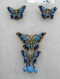 pjbell Miriam Haskell Turquoise & Lapis Beaded Butterfly Pin + Earring Set