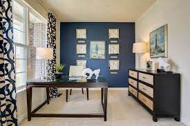 Navy blue accent wall home office. Front Room Study Reading Room Love The Curtains And Blue Wall Blue Accent Walls Black Living Room Living Room Paint