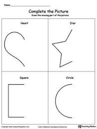 Complete The Picture Draw A Heart Star Square And Circle Grade R Worksheets Shapes For Kids Shapes Worksheets