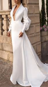 Wedding Dresses 2018 Simple Wedding Dresses Sheath Deep V Neck A Line Puff Sleeves Simple Romantic Wedding Dresses Satin Bridal Dresses Trendy Wedding Dresses