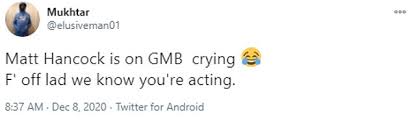 I've seen so many crisis actors pretending to cry, but this megalomaniac is crap. Gmb Viewers Cringe As Matt Hancock Cries At First Vaccinations Daily Mail Online