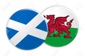 The welsh flag is a horizontal bicolor with a dragon in the middle. News Concept Scotland Flag Button On Wales Flag Button 3d Illustration Stock Photo Picture And Royalty Free Image Image 82426999