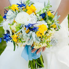 Yellow White And Blue Bridal Bouquet Bridal Bouquet Blue Yellow Wedding Flowers Blue Wedding Bouquet
