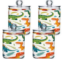 2 Pack Qtip Holder Dispenser Cartoon Dinosaurs and Leaf Clear Plastic  Storage Apothecary Jars for Cotton Swabs Balls Pads Floss
